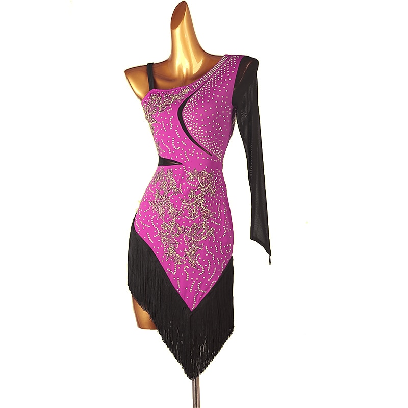 Dance Salsa Latin Dance Dress Fringed Tassel Split Joint Crystals / Rhinestones Women's Training Performance Long Sleeve Chinlon Mesh3