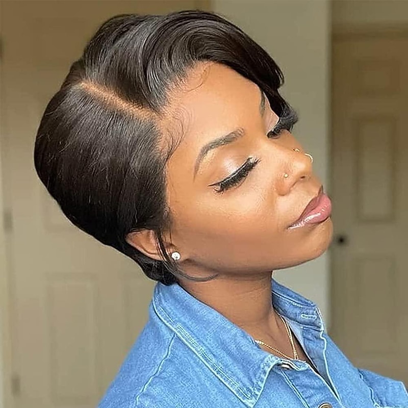 "180% Density Black Short Pixie Cut Wig - 6"" Straight Hair Wig for Women - Perfect for Daily Use!"2