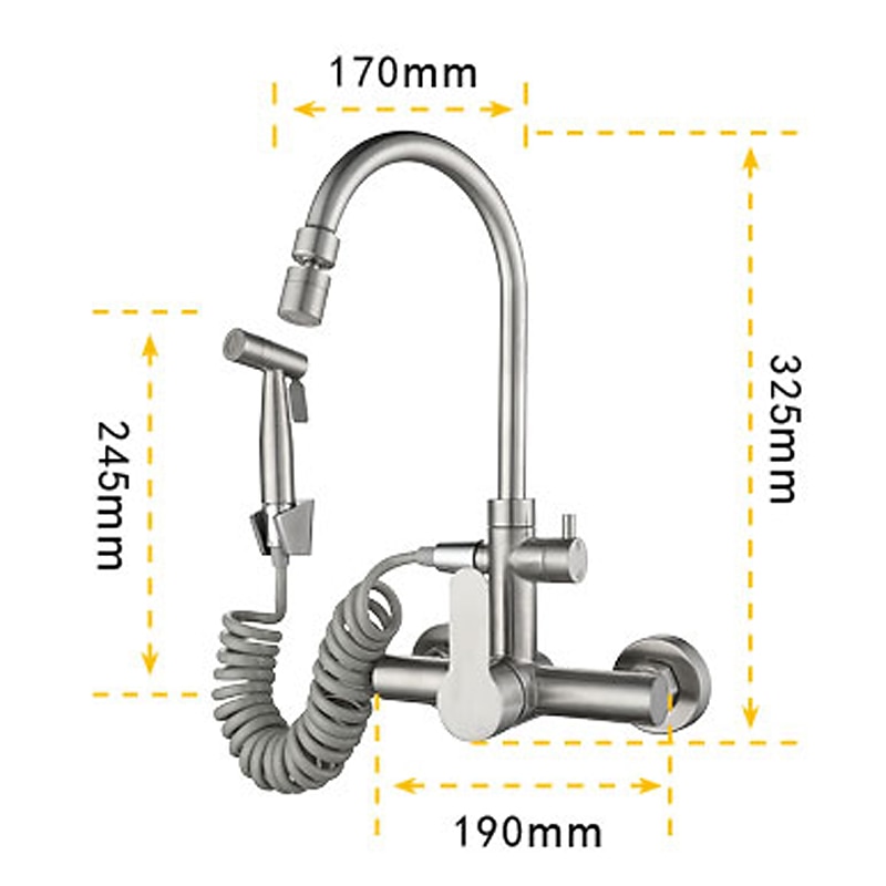 Kitchen Faucet with Bidet Single Handle Two Holes Stainless Steel Standard Spout Wall Mounted Modern Contemporary Kitchen Taps2