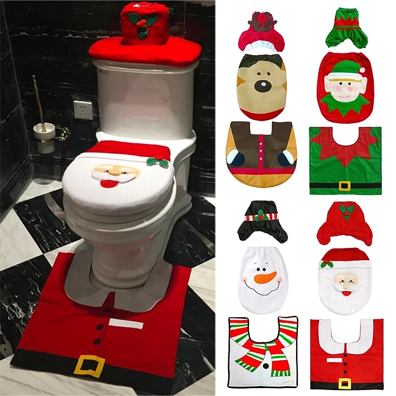 Christmas Santa Toilet Seat Cover, 3-Piece Christmas Bathroom Sets, Toilet Seat Cover and Rug Set, Santa on The Toilet Ornament, Santa Claus Toilet Seat for Happy Christmas Decorations Bathroom Decor4