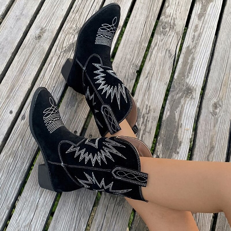 Women's Vintage Suede Cowboy Boots - Comfortable Western Style Mid-Calf Boots for Outdoor and Casual Wear4