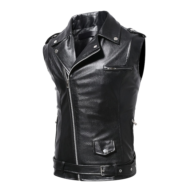 Men's Leather Vest Sports Outdoor Motorcycle Casual Daily Trendy Fall Faux Fur Trim Faux Leather Thermal Warm Rain Waterproof Warm Lightweight Pure Color Zipper Lapel Loose Fit Black Vest