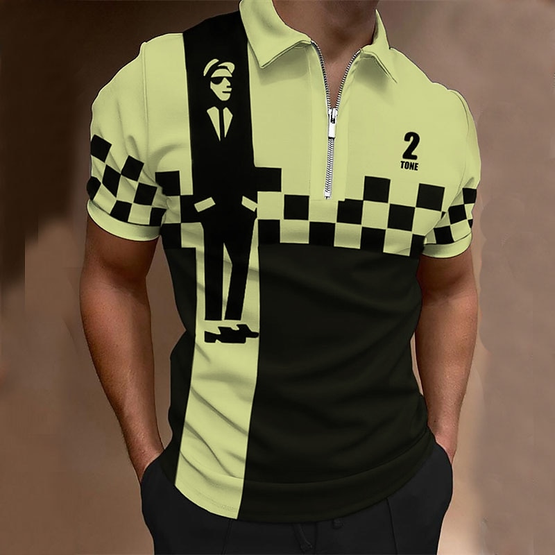 Music Festival Men's Plaid Music Zip Polo Shirts Golf Shirt Short Sleeve Polo Shirts Collared Shirts Casual Vacation Wear Festival Wear Party Outfits 3D Print Quarter Zip Polo Black-White Yellow Blue3