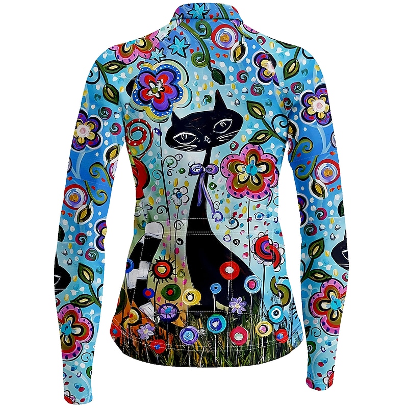 Women's Cycling Jersey Cat Floral Botanical Long Sleeve Bike Jersey Top with 3 Rear Pockets Mountain Bike MTB Road Bike Cycling Quick Dry Reflective Strips Back Pocket Moisture Wicking Sports Red2