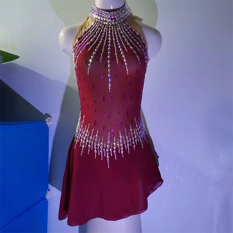 Figure Skating Dress Women's Girls' Ice Skating Dress Red Open Back Spandex High Elasticity Training Competition Skating Wear Crystal / Rhinestone Sleeveless Ice Skating Figure Skating / Winter