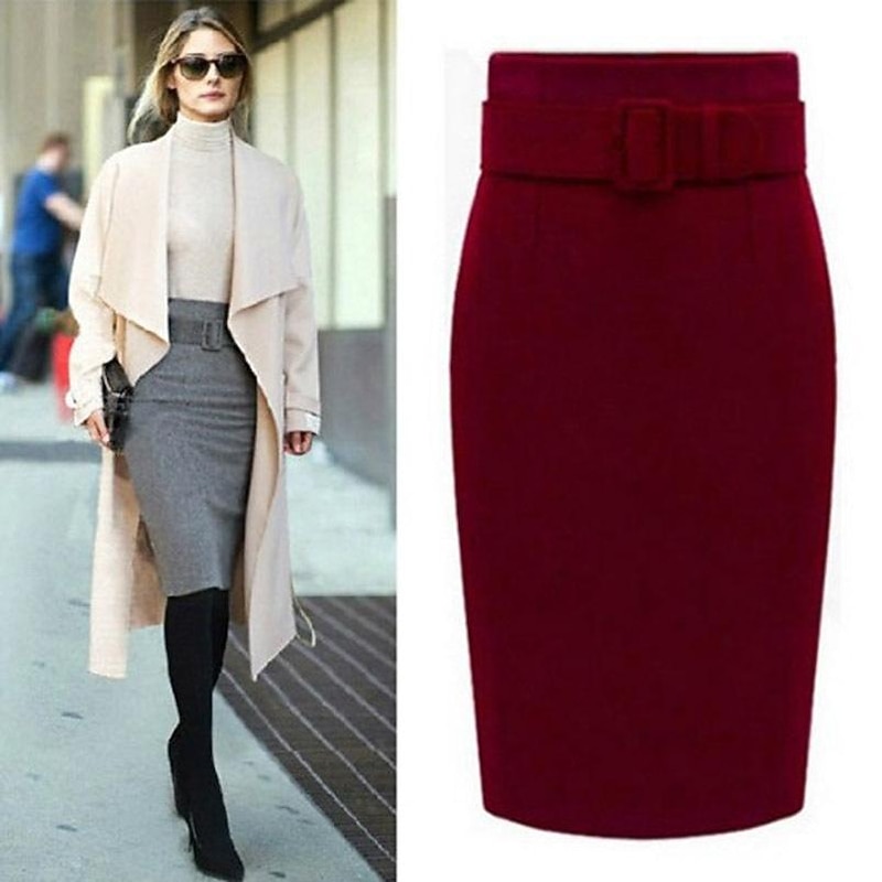 Women's Skirt Pencil Work Skirts Fashion Above Knee Skirts Solid Colored Office / Career Daily Gary Black Wine Fall & Winter Tweed Woolen3