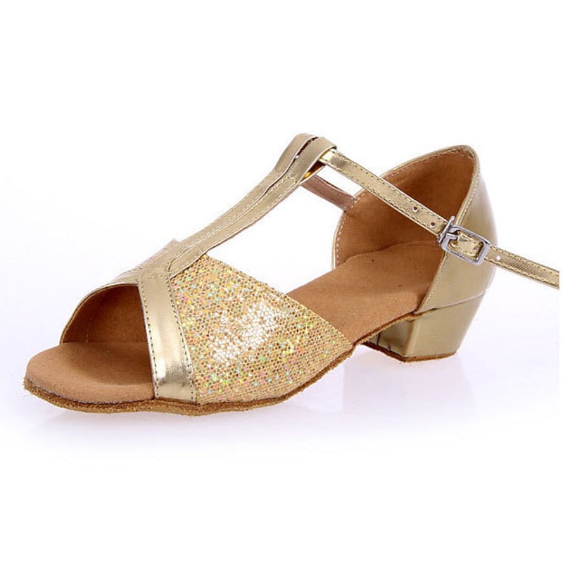 Girls' Latin Dance Shoes Dance Shoes Performance Stage Indoor Sparkling Shoes Heel Glitter Low Heel Thick Heel T-Strap Silver Gold3