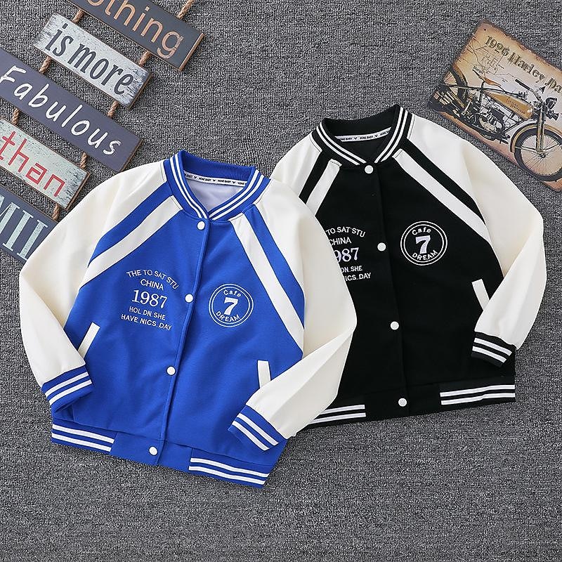 Kids Boys Jacket Outerwear Letter Striped Long Sleeve Coat Daily Cotton Active Green Black Blue Winter Fall 4-13 Years