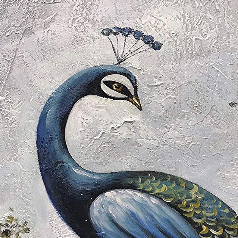 Handmade 3D Oil Painting Hand Painted Vertical Floral / Botanical Contemporary Modern Stretched Canvas Peacock3
