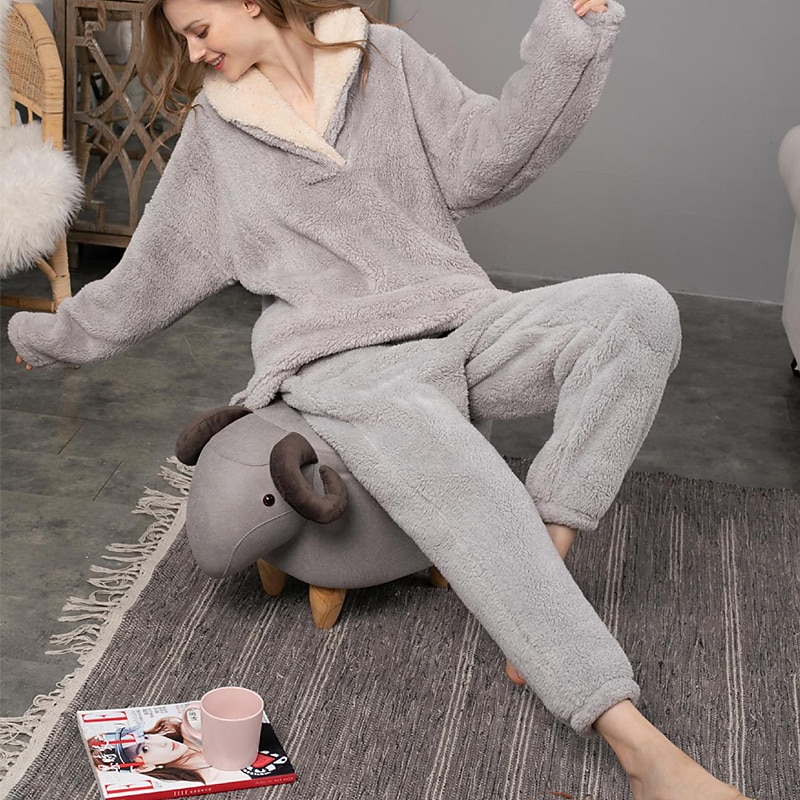 Women's Pajamas Pjs Sets 2 Pieces Pure Color Fashion Plush Comfort Home Vacation Fleece V Wire Long Sleeve Pullover Pant Elastic Waist Fall Winter Home Outfits2