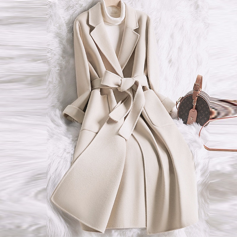 Women's Winter Coat Coat Warm Breathable Pocket With Belt Active Fashion Comfortable Street Style Solid Color Outdoor Vacation Daily Wear Going out Single Breasted Long Turndown Regular Fit Long