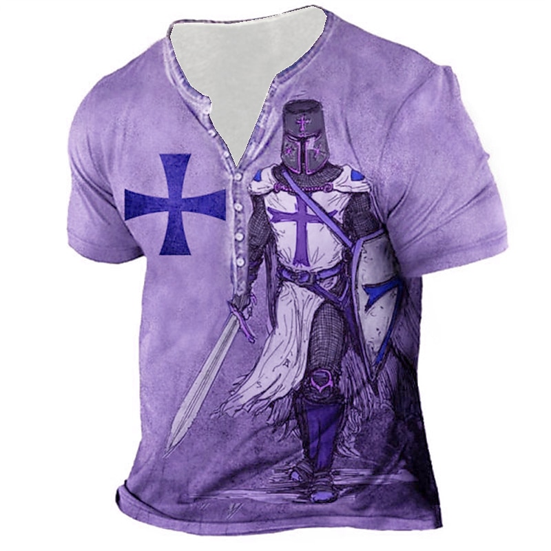 Men's Graphic Templar Cross Cross T Shirt Henley Shirt Tee Short Sleeve 3D Print Designer Basic Casual Outdoor Daily Sports Summer Blue Purple Brown Green Gray Henley Henley T-Shirt3