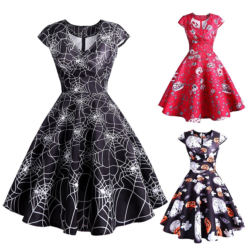 1950s Cocktail Dress Vintage Dress Knee Length Flapper Dress Dress Party Costume Normal T-shirt Sleeve A-Line V Neck Fancy Dress Women's Masquerade Party Halloween Bachelorette Party Adults Dress