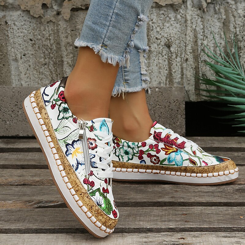 Women's Floral Print Canvas Sneakers with Cork Trim and Stitch Detail, Boho Lace-Up Casual Shoes for Spring Outfits, Walking, and Weekend Travel2
