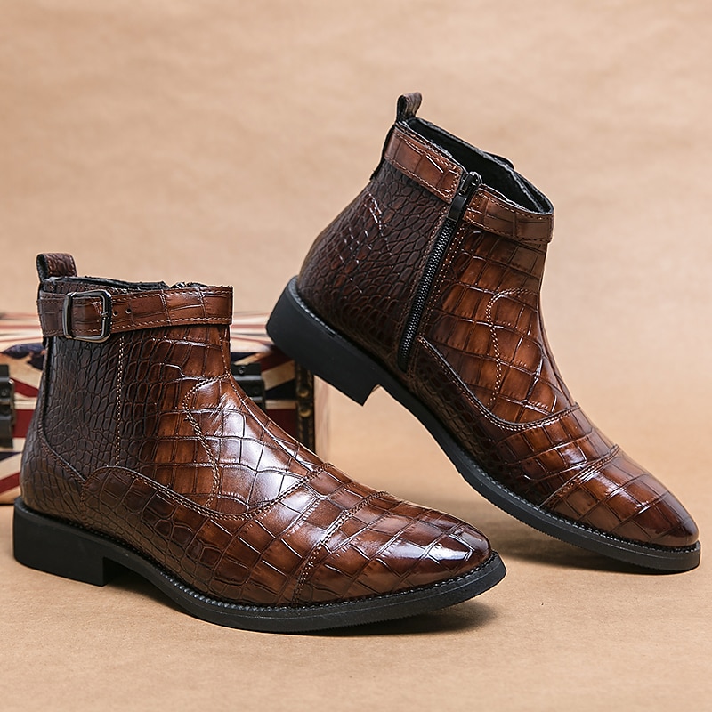 Men's Brown Crocodile Pattern Faux Leather Ankle Boots with Buckle and Side Zipper – Stylish Dress Boots for Formal and Casual Wear