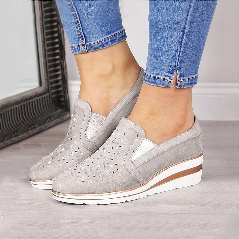 Women's Blue Slip-On Wedge Sneakers – Casual Rhinestone-Embellished Platform Loafers for Everyday Comfort & Fashion4