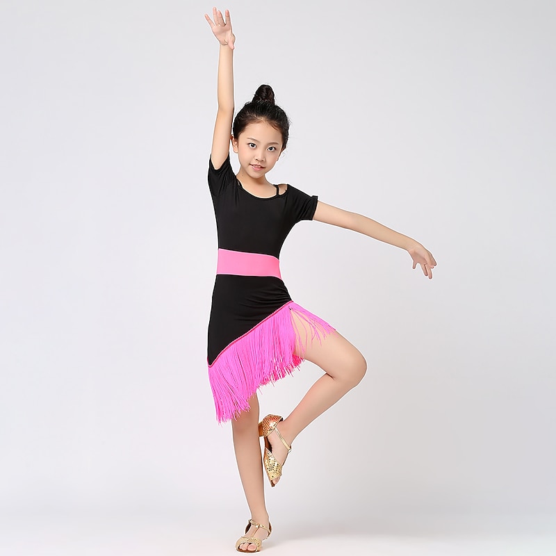 Latin Dance Kids' Dancewear Dress Tassel Splicing Girls' Performance Training Short Sleeve High Cotton Blend2