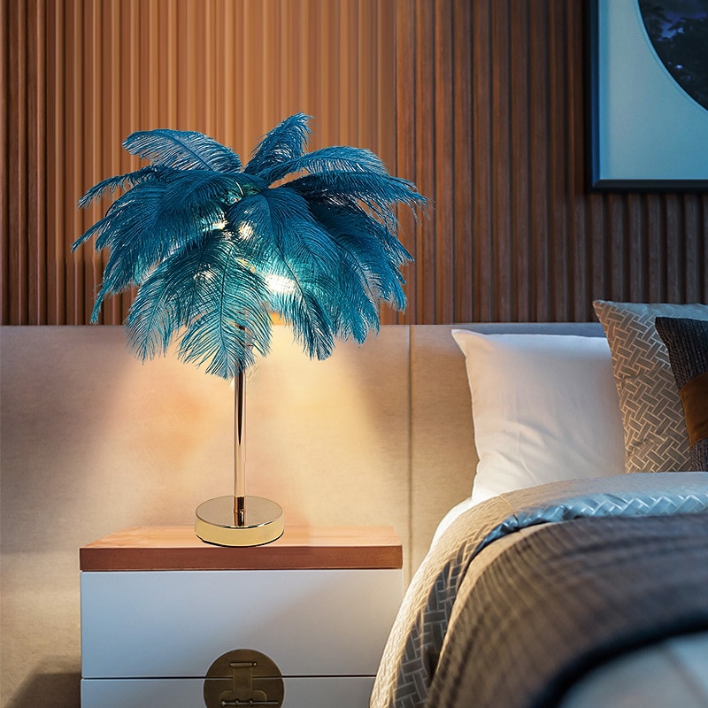 White Feather Table Lamp with Plug in Wire Modern Feather Lamp 3-Light Bedside Table Lamp for Bedroom Nightstand Lamp Desk Night Light in Gold Christmas gift4