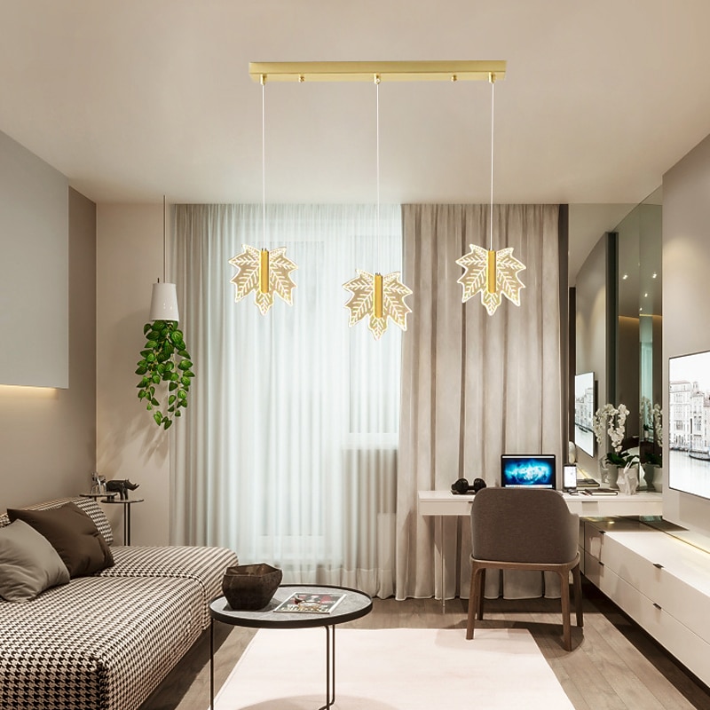 LED Pendant Light Fixture Maple Leaf 3-Lights 3000-6000K Gold Painted Finishes Hanging Chandelier Light Fixtures Home Decoration Hanging Light 110-220V(Bulbs Included)4