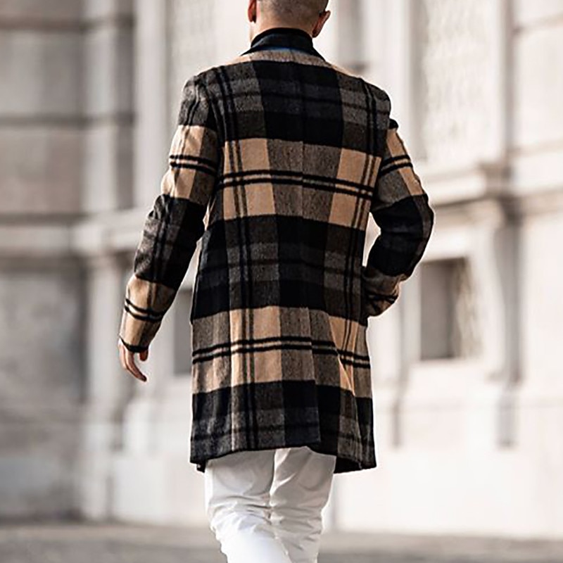 Men's Winter Coat Overcoat Coat Sports & Outdoor Daily Wear Warm Breathable Pocket Print Fall & Winter Plaid Fashion Business Turndown Long Regular Fit Yellow Blue Purple Brown Green Jacket2