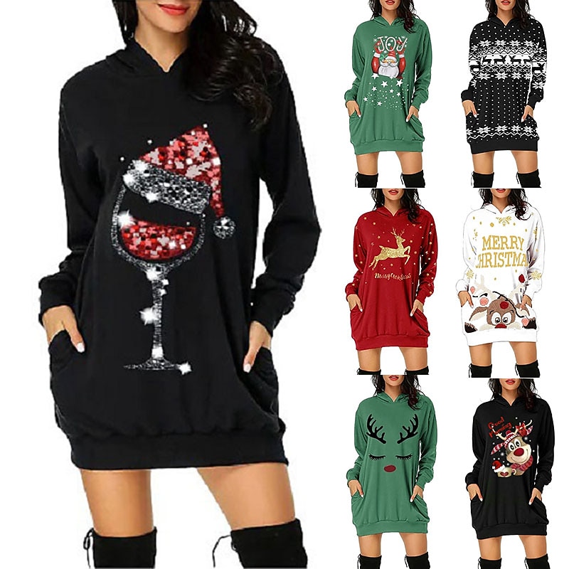 Christmas Santa Claus Dress Hoodie Pullover Classic Basic Kawaii For Women's Adults' Christmas New Year 3D Print Dailywear