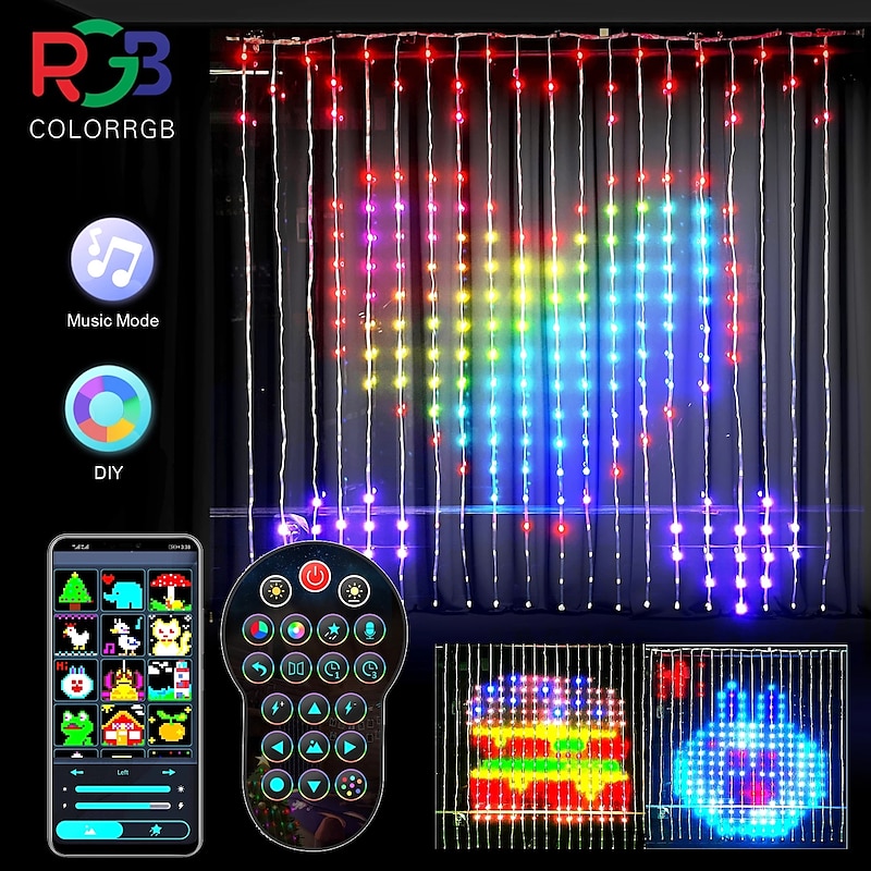 Smart RGB LED Christmas Curtain Lights with Bluetooth APP Control  3X3m 2X2m 1X1m LED Fairy String Lights DIY Picture Display for Party Holiday Garland Window Decoration