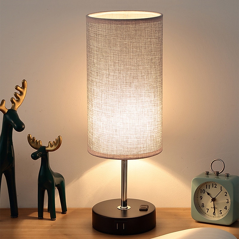 Desk Lamp USB Charging Ports, Gray Beige Bedside Lamp with AC Socket, Bedside Lamp with Zipper Switch, Minimalist Modern Desk Lamp with Fabric Shade, Suitable for Living Room Bedroom Office2