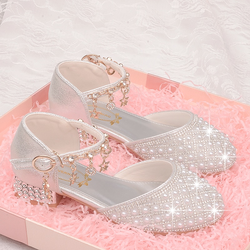 Girls' Heels Daily Glitters Dress Shoes Heel Leather PU Portable Breathability Non-slipping Princess Shoes Big Kids(7years +) Little Kids(4-7ys) School Wedding Party Walking Shoes Dancing Pearl3