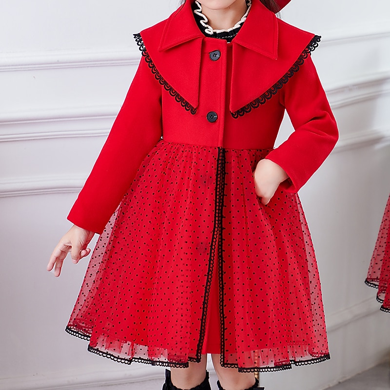 Kids Girls' Trench Coat Coat Woolen Coat Outerwear Polka Dot Plain Long Sleeve Patchwork Coat School Cute Sport Red Beige Winter Fall 4-13 Years4