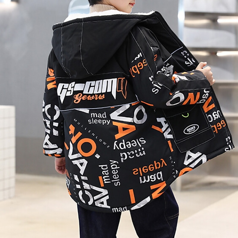 Kids Boys' Parka Outerwear Letter Long Sleeve Coat Outdoor Cotton Fashion Cool Blue Orange Fall Winter 7-13 Years4