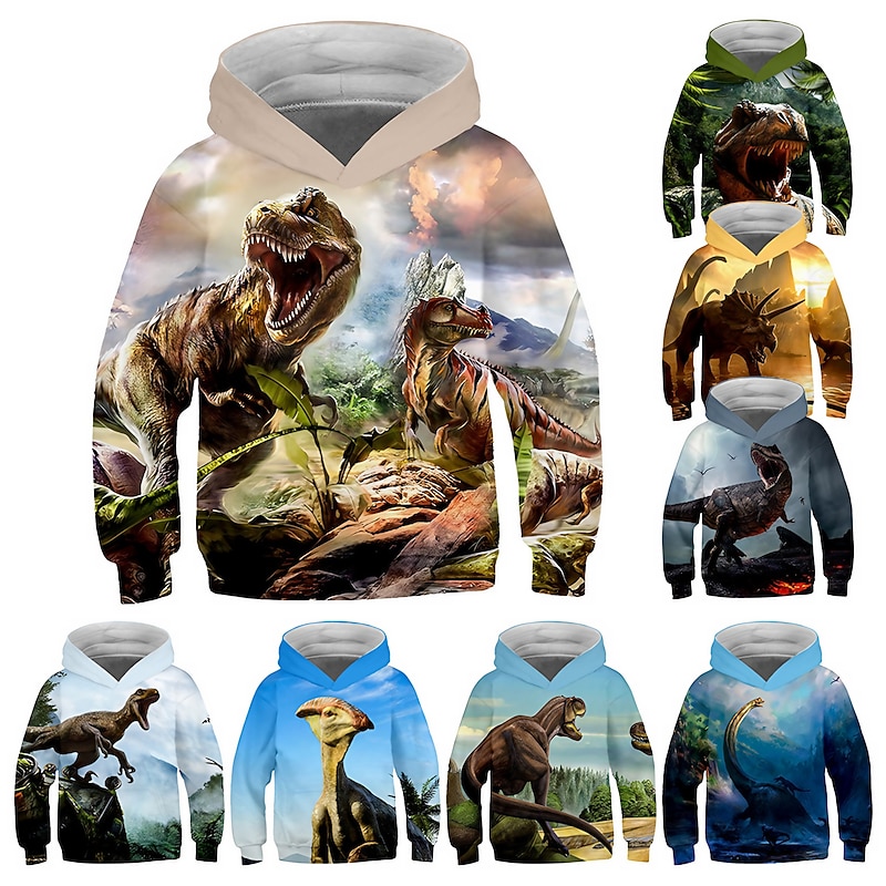 Kids Boys Girls Hoodie Pullover Cat Dinosaur Animal 3D Print Long Sleeve Kid Top Casual 2-12 Years Winter White Red Blue