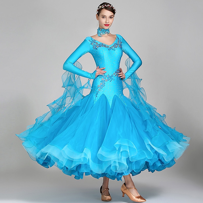 Ballroom Dance Dress Rhinestone Embroidery Women's Performance Training Long Sleeve Spandex Organza2