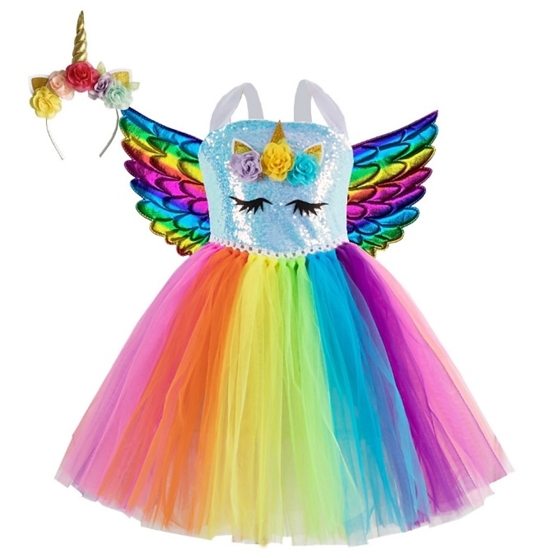 Unicorn Dress Wings Headband Girls' Movie Cosplay Dance Tight Tutus Vacation Dress Golden Blue Rainbow Dress Wings Headwear Halloween Carnival Princess World Book Day Costumes4