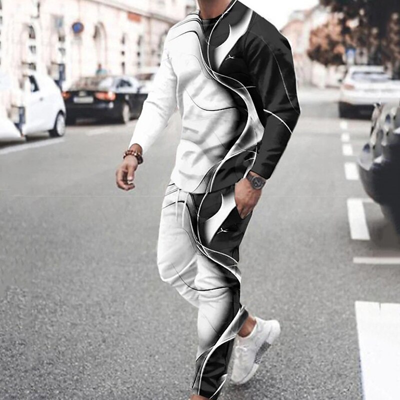 Men's Graphic Color Block 2pcs 3D Sweatshirt Sets Tracksuit Long Sleeve Long pants Crew Neck Streetwear Sportswear Basic Sports & Outdoor Casual Sports Print Spring Fall Black Red Blue3