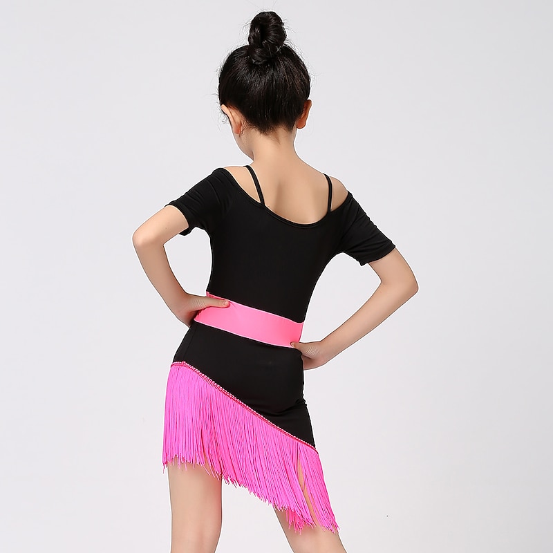 Latin Dance Kids' Dancewear Dress Tassel Splicing Girls' Performance Training Short Sleeve High Cotton Blend
