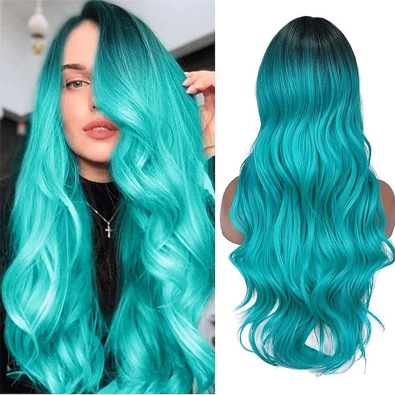 Ombre Bluish Green Wig Long Wavy Middle Part Wig Teal Blue Wig Heat Resistant Synthetic Hair Mermaid Wigs for Women Christmas Party Wigs
