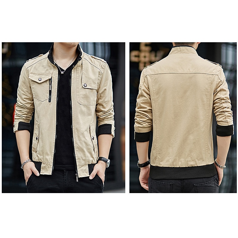 Men's Lightweight Jacket Summer Jacket Utility Jacket Transition Jacket Office & Career Daily Wear Warm Pocket Fall Winter Solid / Plain Color Stylish Warm Ups Stand Collar Regular Black Red Khaki2
