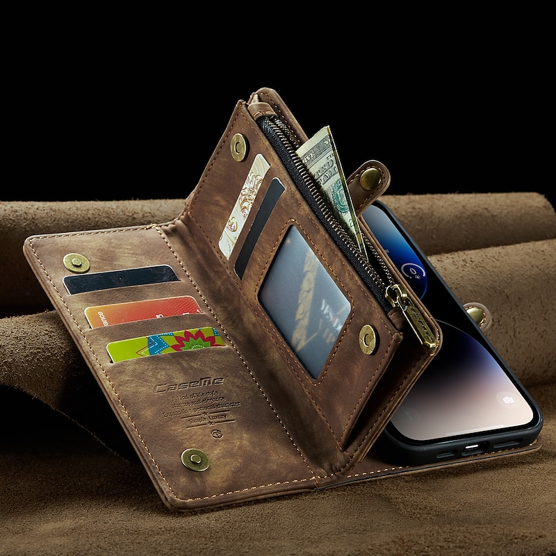 Phone Case For iPhone 16 15 14 Pro Max Plus 13 12 11 Pro Max Mini Wallet Case with Stand Holder Detachable Full Body Protective Retro PU Leather4