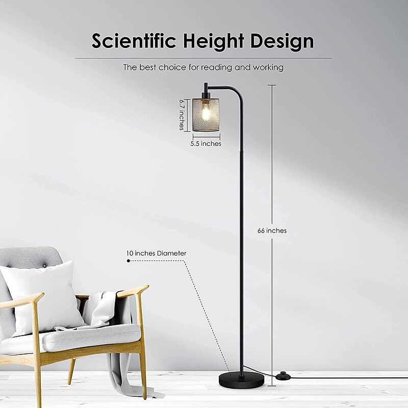 Industrial Floor Lamp for Living Room, Standing Lamp with Hanging Iron Mesh Shade, 8W LED Bulb, Tall Standing Lamp with Foot Switch for Bedroom, Black4