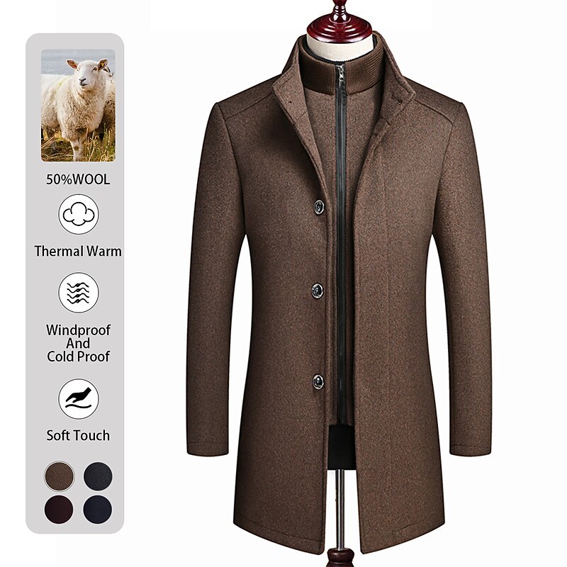 Men's Winter Coat Wool Coat Overcoat Street Business Winter Woolen Thermal Warm Outerwear Clothing Apparel Casual Solid Color Pocket Stand Collar Single Breasted