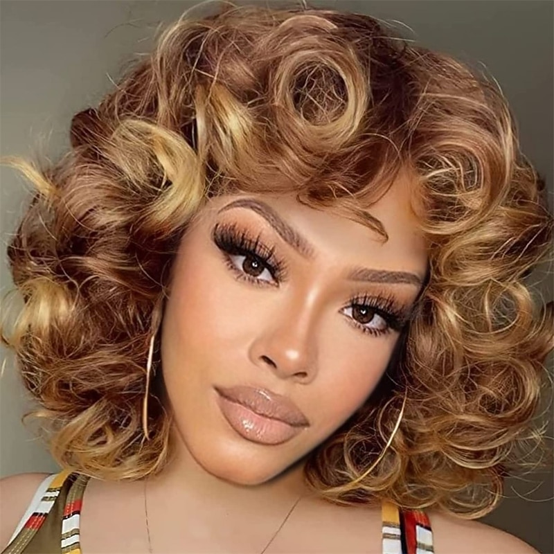 Short Curly Wigs for Black Women Soft Brown Blonde Big Curly Wig with Bangs Afro Kinky Curls Heat Resistant Daily Synthetic Wig for African American Women