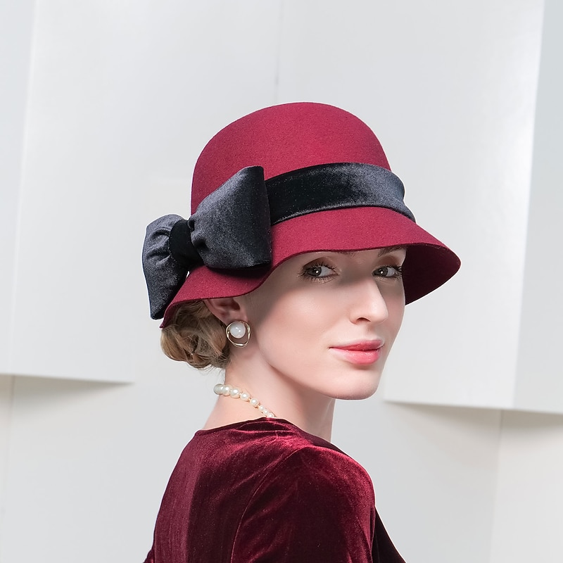Elegant Vintage Inspired 100% Wool / Velvet Hats with Trim / Satin Bowknot 1PC Special Occasion / Holiday Headpiece