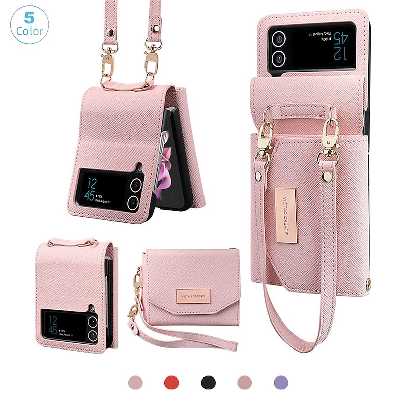 Phone Case For Samsung Galaxy Z Flip 6 Z Flip 5 Z Flip 4 Z Flip 3 Wallet Case Bumper Frame Full Body Protective with Wrist Strap Solid Colored PU Leather