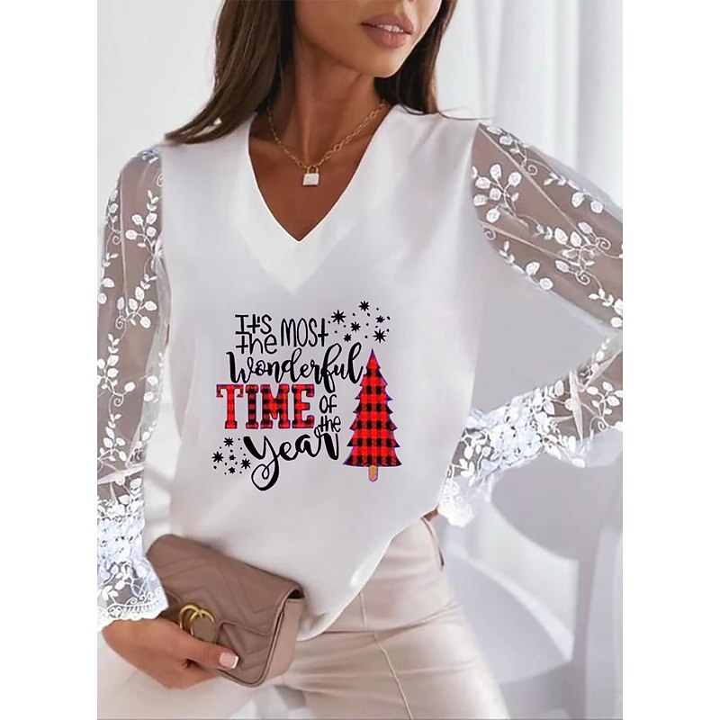 Women's Plus Size T Shirt Animal Basic Long Sleeve V Neck Regular Tops Casual Weekend Patchwork Print Silver Pearl White Ivory Wine Fall & Winter4