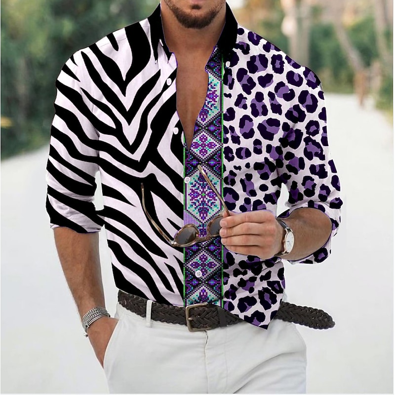 Men's Leopard Zebra Shirt Button Up Shirt Long Sleeve Fashion Designer Casual Daily Holiday Going out Spring & Summer Turndown 3D Print Button-Down Black Pink Purple Green3