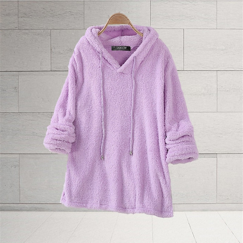 Women's Hoodie Sweatshirt Hoodie Sweatshirt Burgundy Hoodie Teddy Basic Casual Fleece Plain Daily Going out Weekend Hooded Drawstring Long Sleeve Black White Pink Wine Blue Fall Winter Fall4
