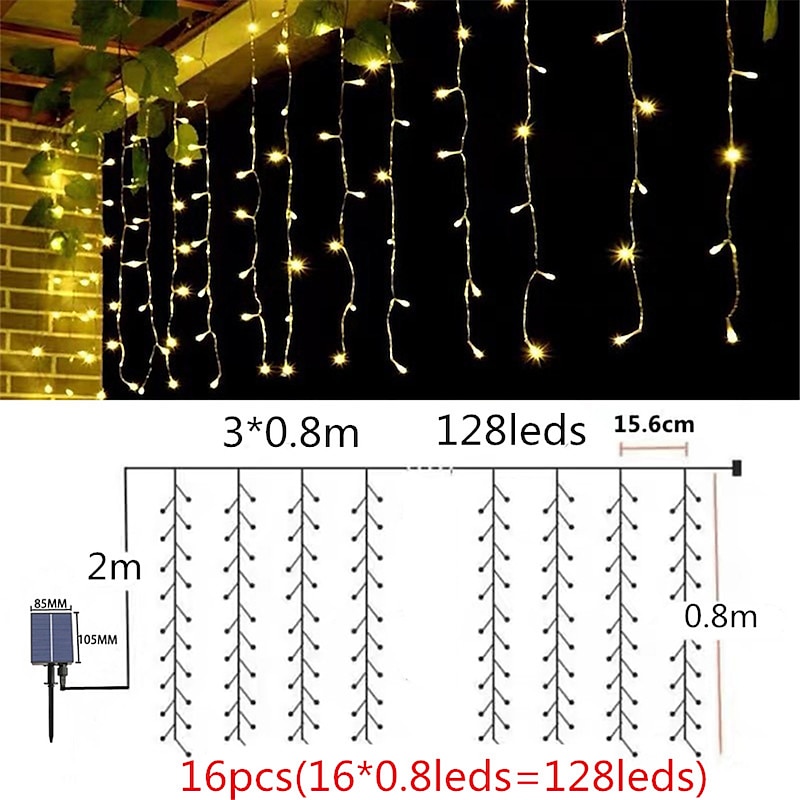 Elegant Wedding Reception Party Icicle String Lights Christmas Lights Outdoor Decorations 3x0.8m Solar LED Garland Curtain Light Outdoor Indoor 8 Modes With Remote For Party Wedding4