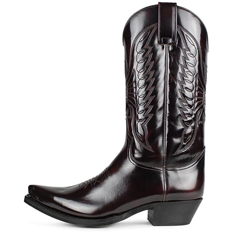 Men's Classic Brown Faux Leather Western Cowboy Boots - Embossed Pattern, Pointed Toe, and Mid-Heel for Rodeo, Ranch, and Casual Wear2