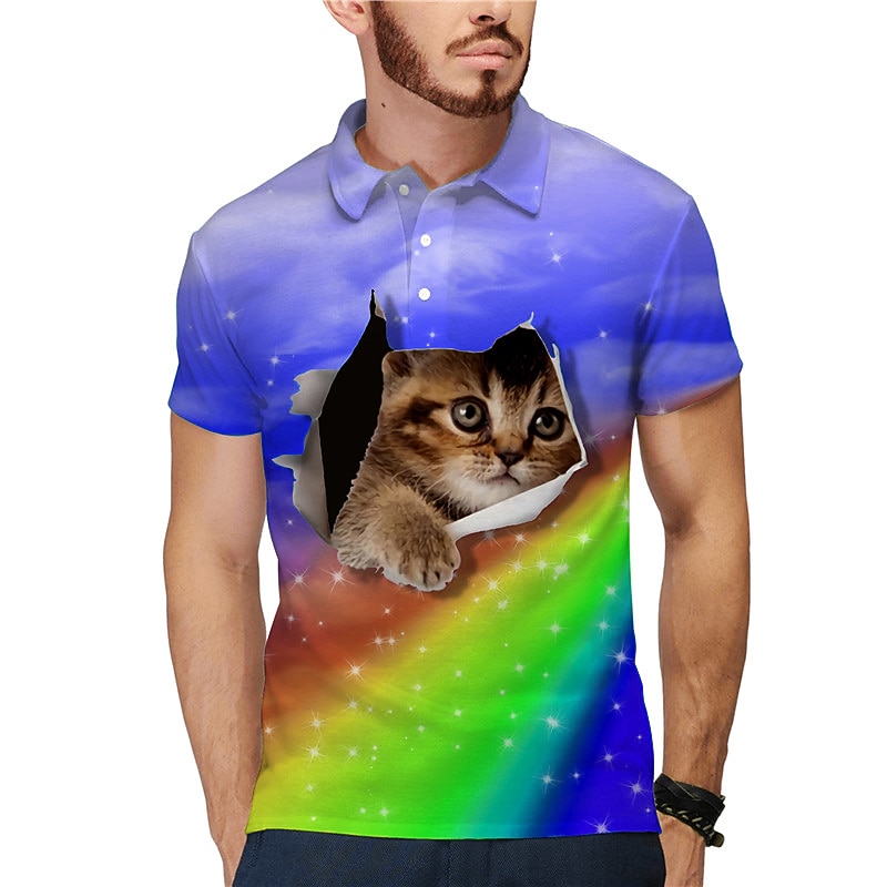 Men's Cat Polo Shirts Golf Shirt Short Sleeve Polo Shirts Collared Shirts Casual Funny Streetwear Vacation Wear Party Outfits Buttons 3D Print Yellow Pink Blue3