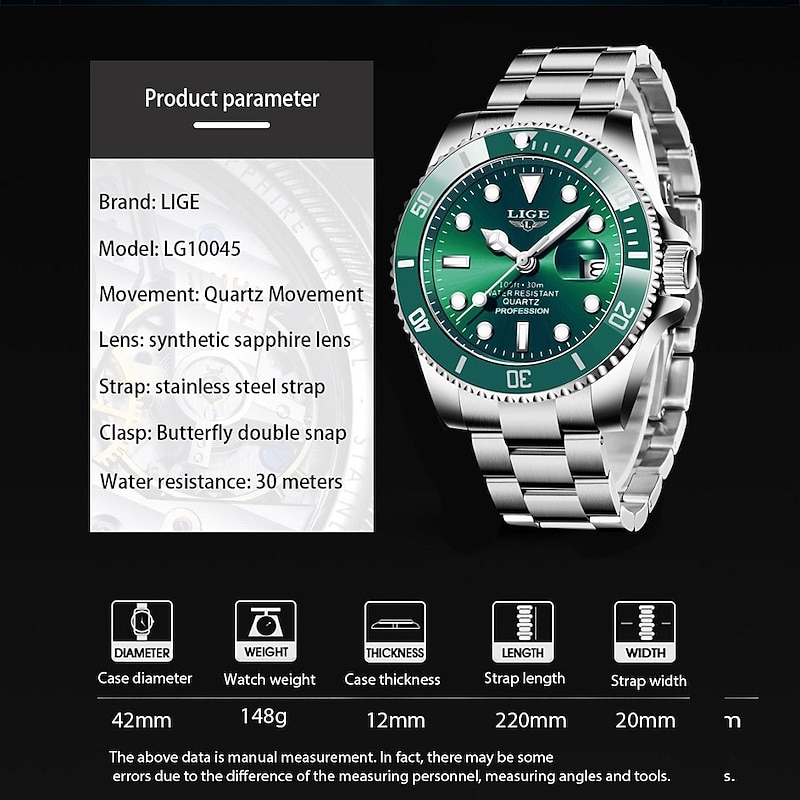 LIGE Brand Mens Watches Steel Strap Luxury Fashion Diver Watch Men 30ATM Waterproof Date Clock Sport Gents Classical Business Watches Mens Quartz Wristwatch3